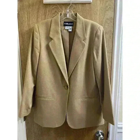 Vintage Sag Harbor 100% Wool Tan Blazer Jacket Women's Size 6 Petite Button - Picture 1 of 10